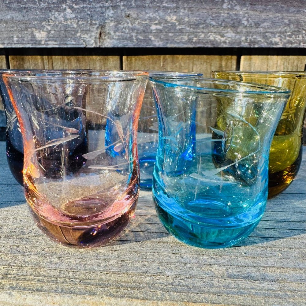 Mid-Century Bohemian Etched Dragonfly Glasses Cordial Liquer Set Of 5 - Picture 8 of 11